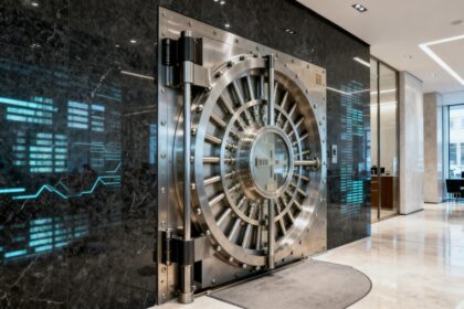 Porte blindée d'une salle des coffres dans le hall d'une institution financière moderne, reflets numériques bleutés sur le mur