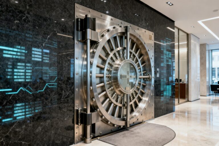 Porte blindée d'une salle des coffres dans le hall d'une institution financière moderne, reflets numériques bleutés sur le mur