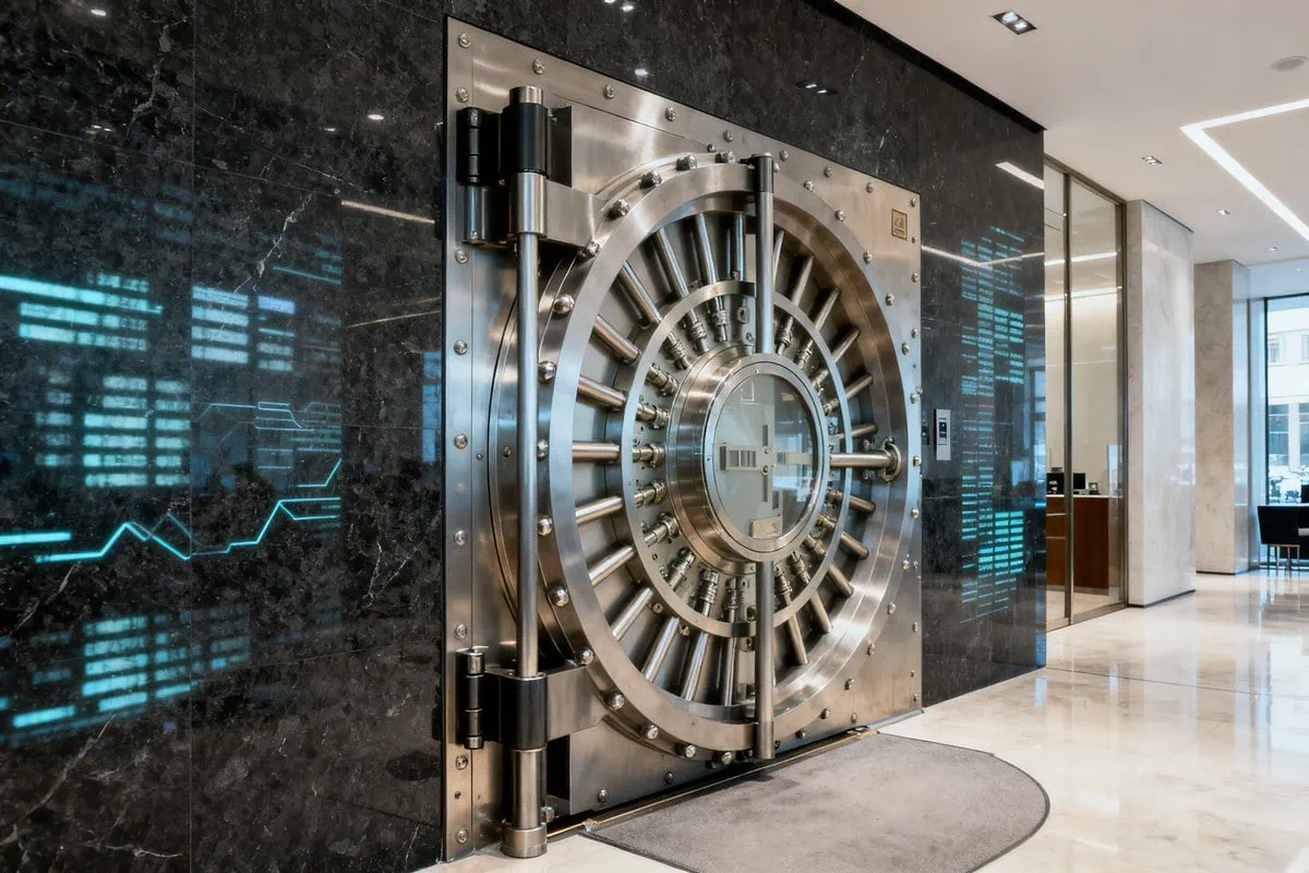 Porte blindée d'une salle des coffres dans le hall d'une institution financière moderne, reflets numériques bleutés sur le mur