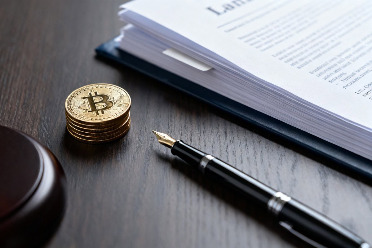 Pile de pièces de bitcoin près d'un stylo plume et d'un dossier de documents juridiques sur un bureau sombre
