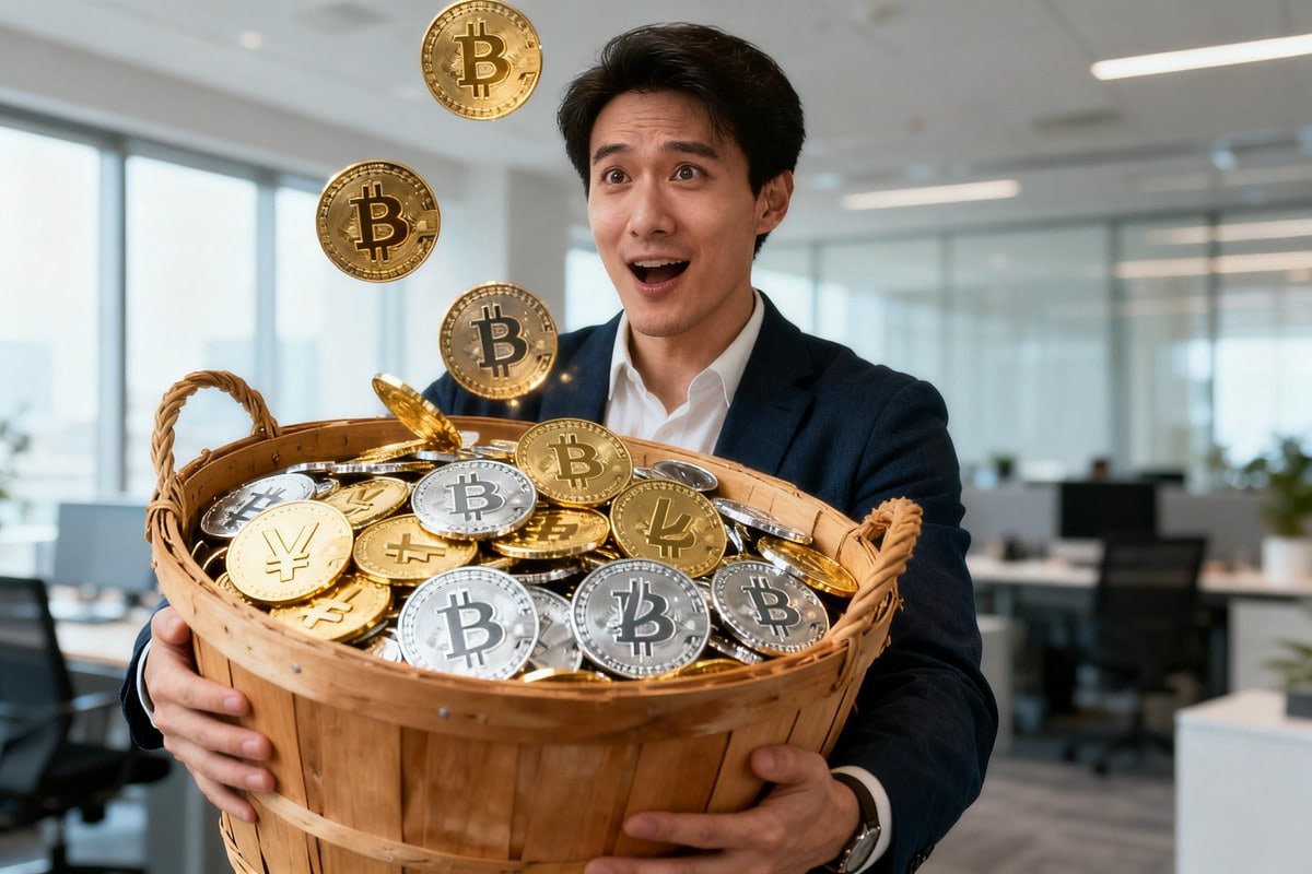 Un homme en costume tient un panier en osier débordant de pièces de cryptomonnaies dorées et argentées dans un bureau.