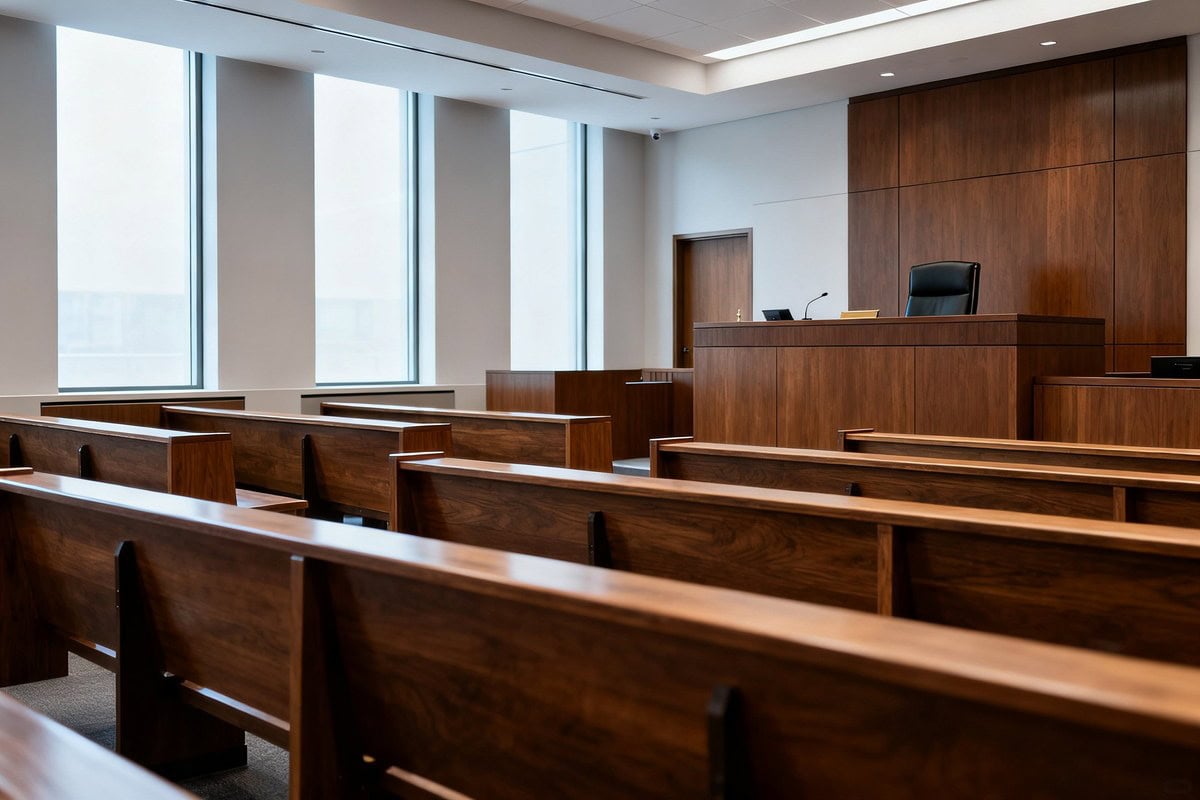 Salle d'audience moderne et déserte avec bancs en bois et estrade du juge