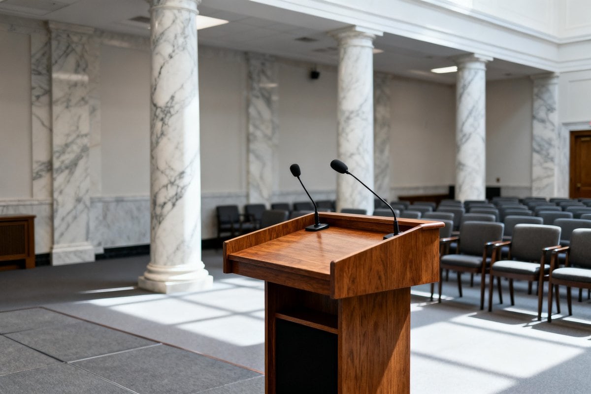 Salle de conférence institutionnelle vide avec pupitres et micros