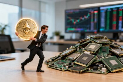 Un homme en costume porte une grande pièce Ethereum lumineuse en s'éloignant d'un tas de puces électroniques sur un bureau