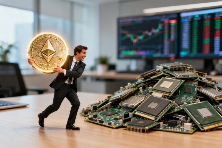 Un homme en costume porte une grande pièce Ethereum lumineuse en s'éloignant d'un tas de puces électroniques sur un bureau