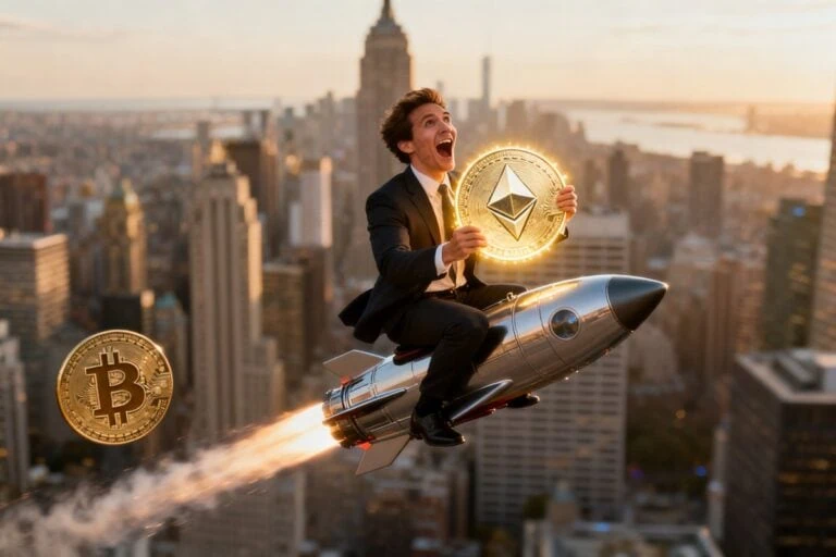 Un homme en costume, l'air ravi, file sur une fusée en brandissant une pièce Ethereum, un bitcoin loin derrière