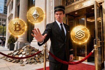 Un portier en costume, main levée, ne laisse passer que trois pièces (bitcoin, ether, solana) et refoule les autres jetons