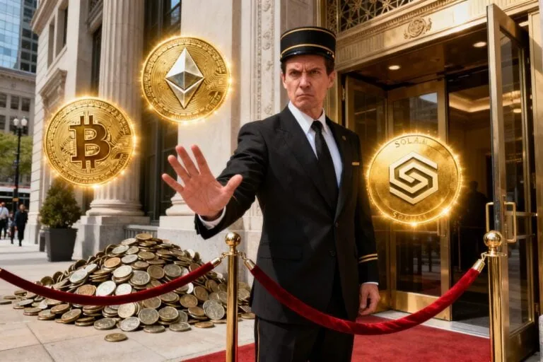 Un portier en costume, main levée, ne laisse passer que trois pièces (bitcoin, ether, solana) et refoule les autres jetons