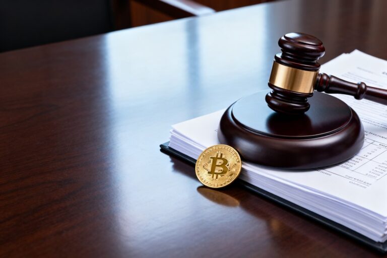 Maillet de juge posé sur une pile de documents à côté d'une pièce dorée de bitcoin sur un bureau en bois sombre