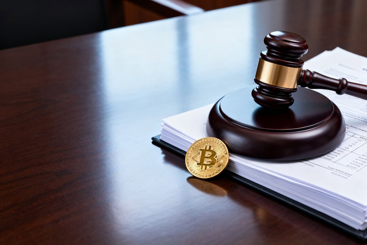 Maillet de juge posé sur une pile de documents à côté d'une pièce dorée de bitcoin sur un bureau en bois sombre