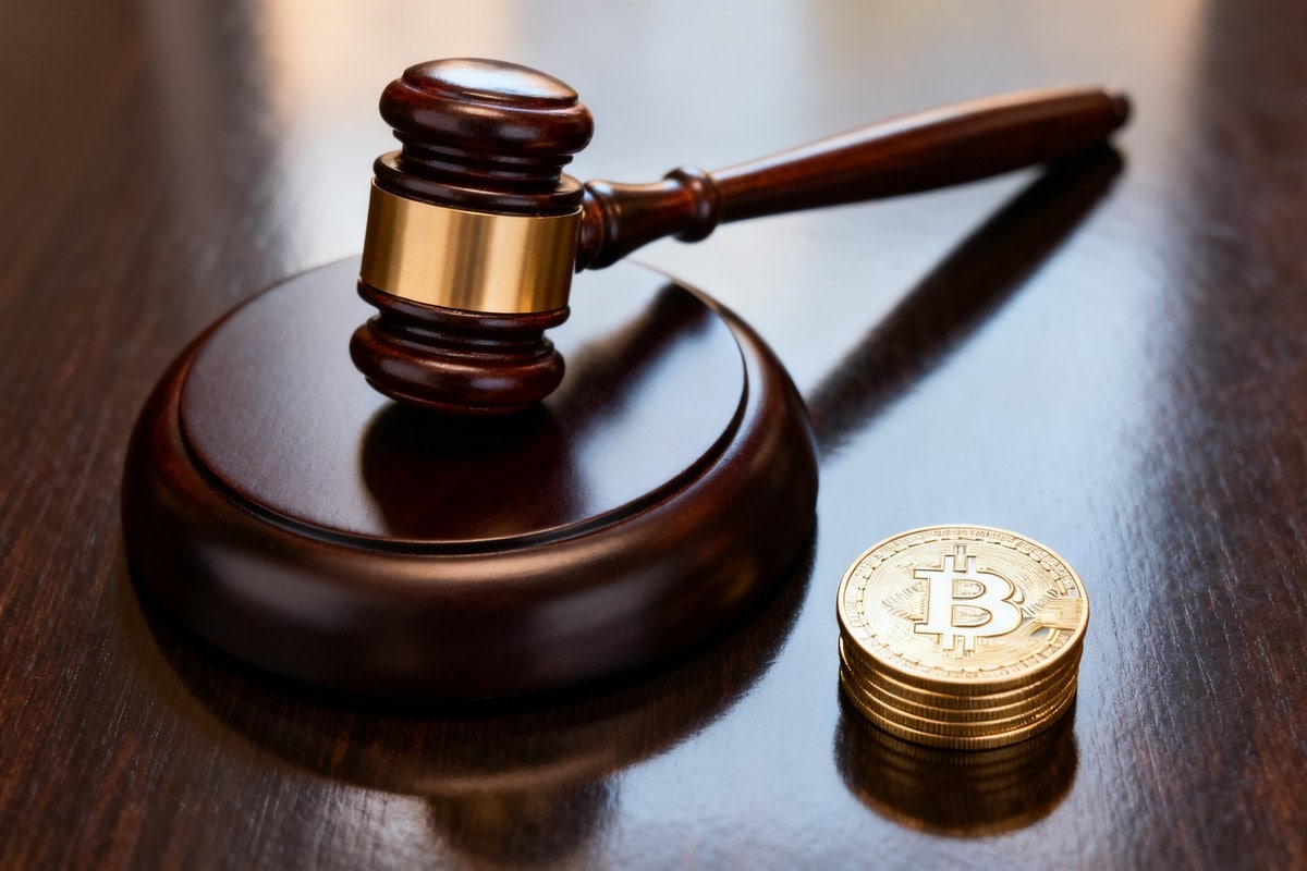 Maillet de juge posé sur son socle à côté d'une pile de pièces de bitcoin sur un bureau en bois sombre