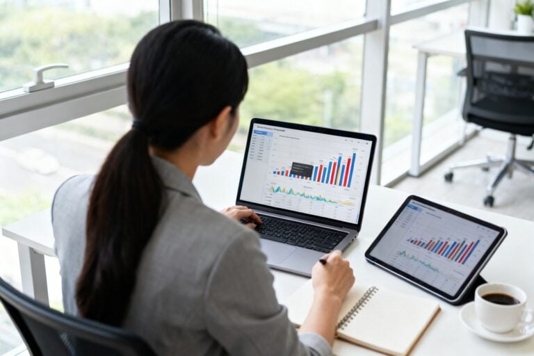 Femme analysant des graphiques financiers sur un ordinateur portable dans un bureau lumineux.