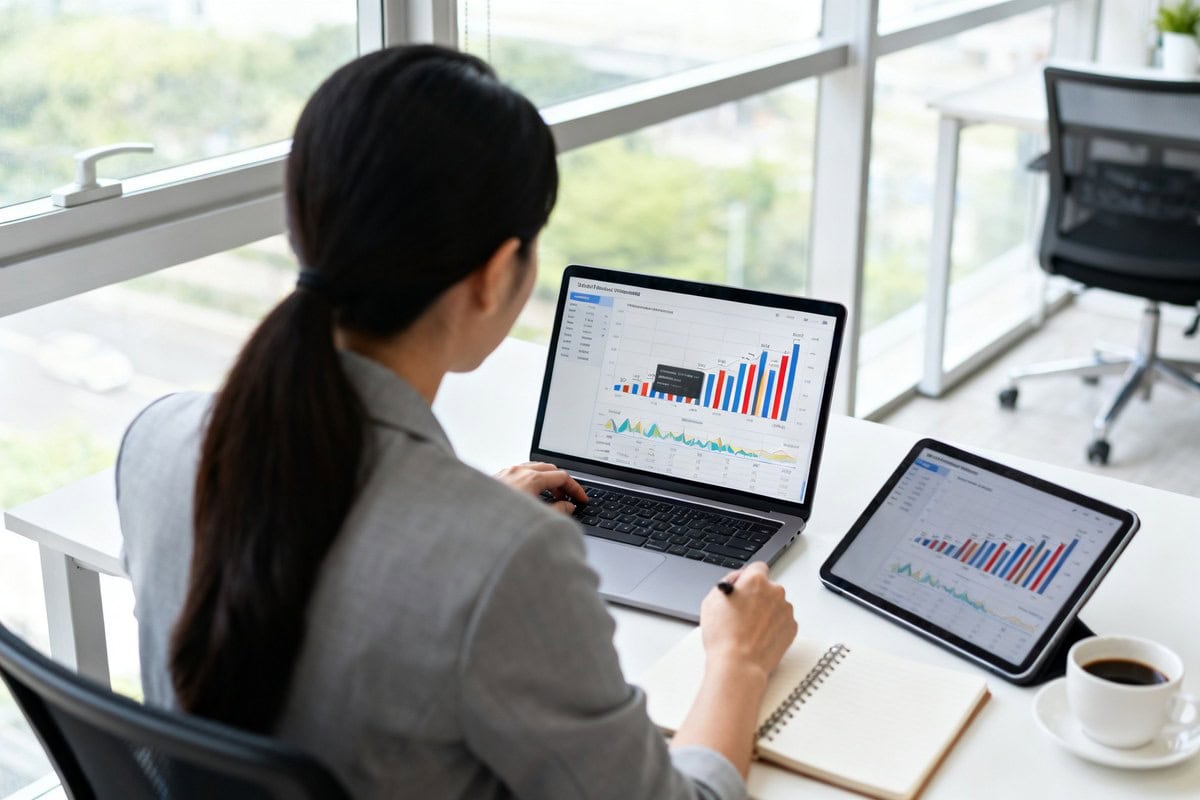 Femme analysant des graphiques financiers sur un ordinateur portable dans un bureau lumineux.