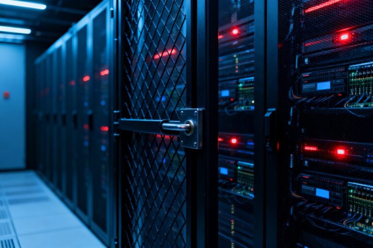 Salle de serveurs verrouillée derrière une grille métallique évoquant une plateforme crypto mise hors service.