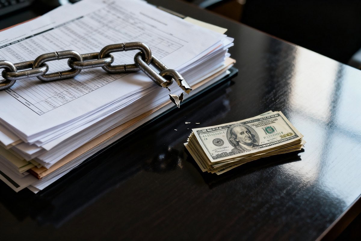 Chaîne métallique brisée posée sur une pile de documents financiers à côté d'une liasse de billets de cent dollars