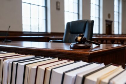 Pupitre de juge en bois avec un maillet, chaise vide et volumes juridiques alignés au premier plan