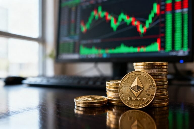 Pièces dorées Ethereum empilées sur un bureau sombre devant un écran de trading flou