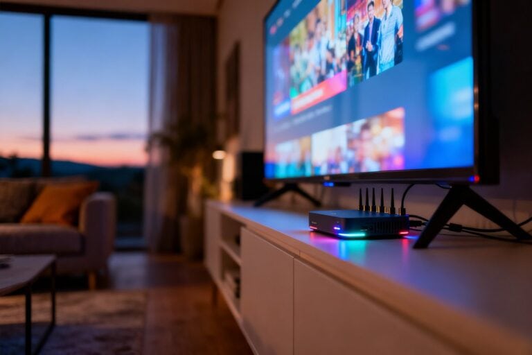 Salon moderne avec un téléviseur diffusant un flux vidéo aux couleurs floues