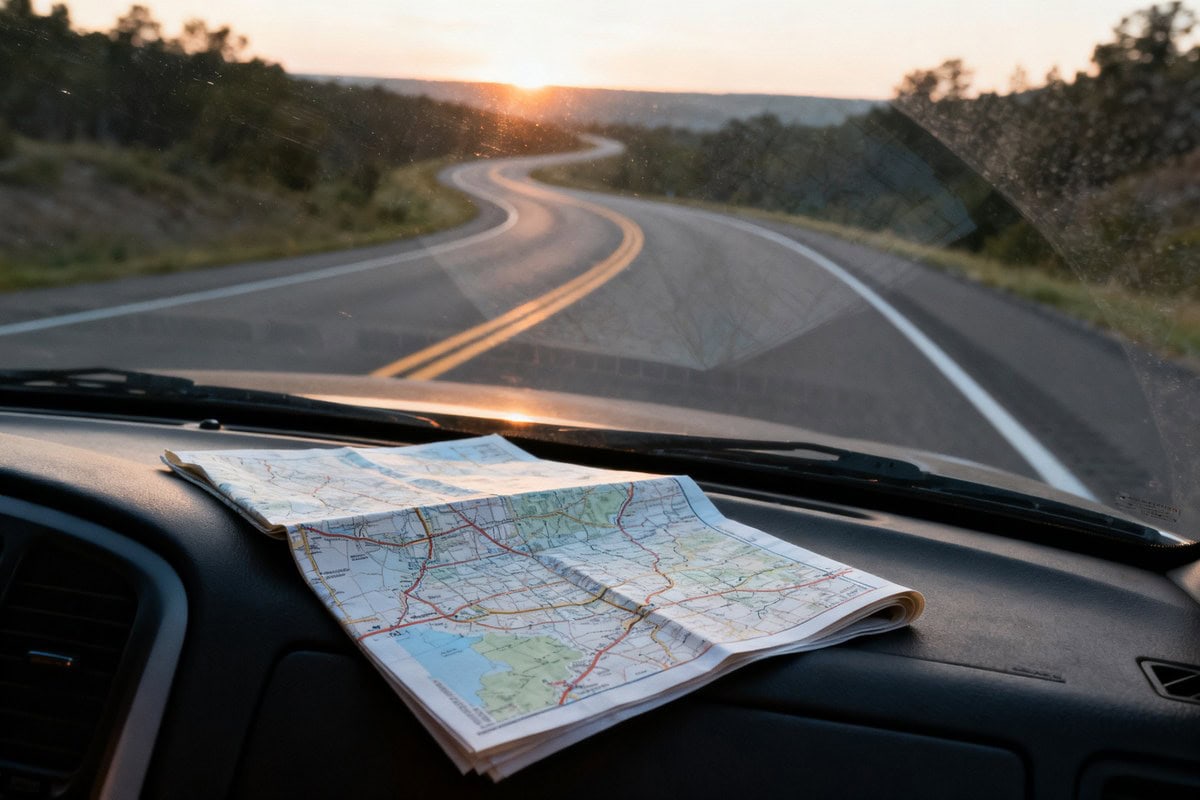 Route sinueuse au lever du jour vue depuis un pare-brise, une carte routière posée sur le tableau de bord