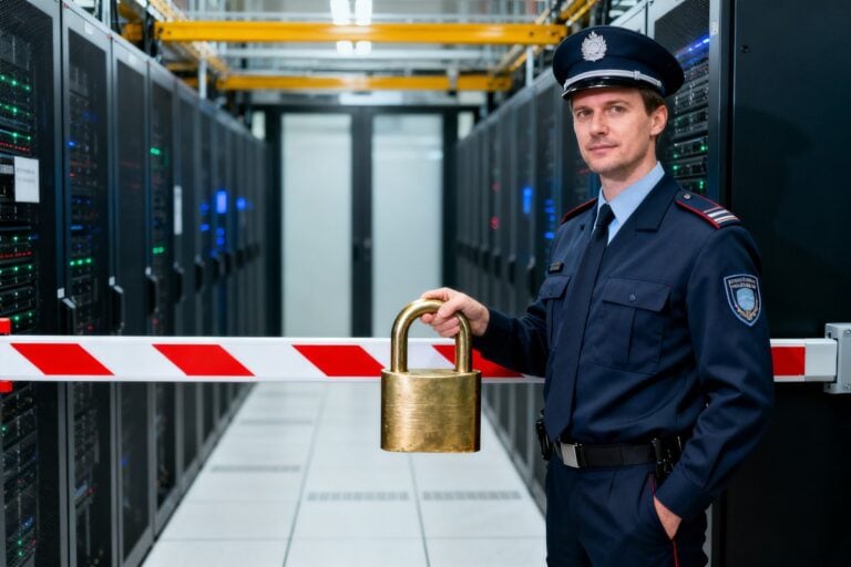 Un agent en uniforme tient un cadenas surdimensionné devant une barrière rayée fermant une allée de serveurs