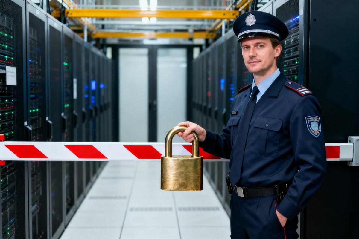 Un agent en uniforme tient un cadenas surdimensionné devant une barrière rayée fermant une allée de serveurs