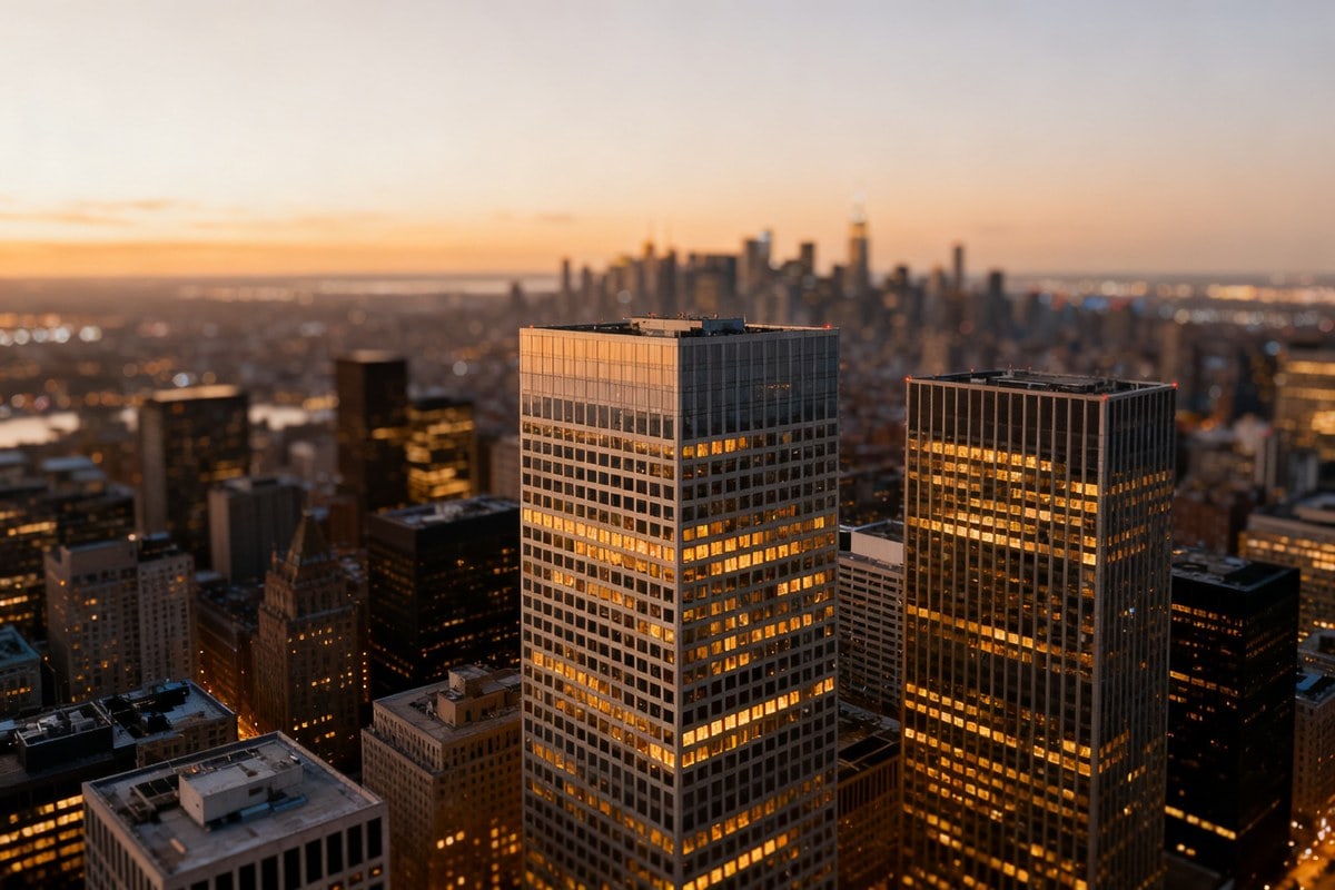 Tours de bureaux vitrées d'un quartier d'affaires au crépuscule, lumières de la ville en arrière-plan