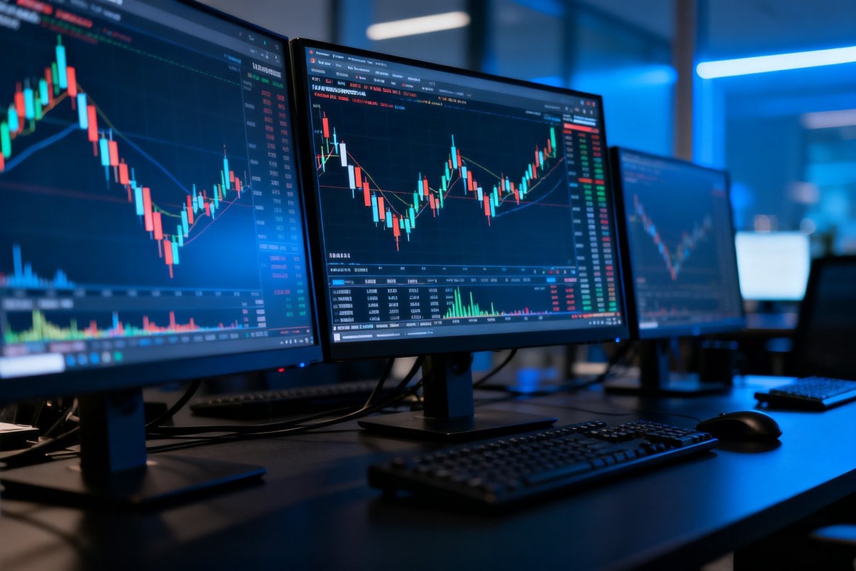 Poste de trading avec plusieurs écrans affichant des graphiques boursiers