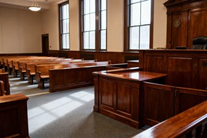 Salle d'audience vide d'une cour d'appel américaine avec estrade en bois et bancs alignés