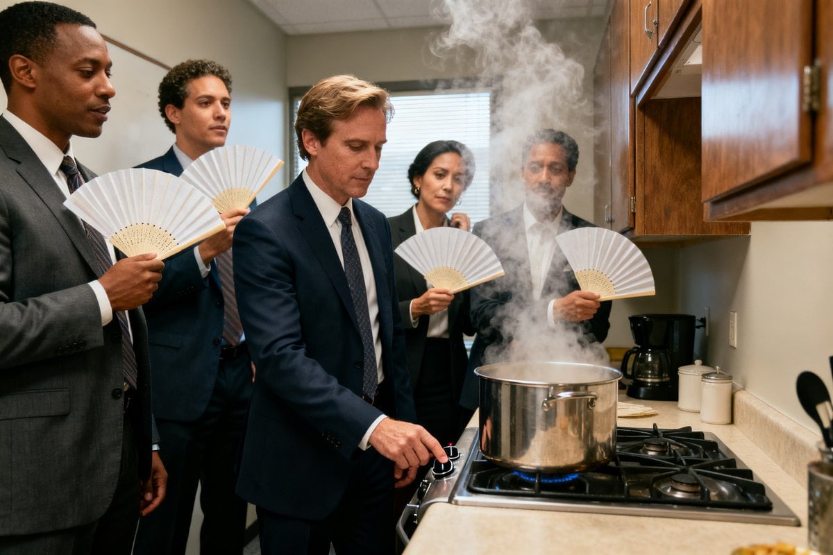 Des collègues soulagés baissent le feu sous une marmite fumante dans une cuisine de bureau