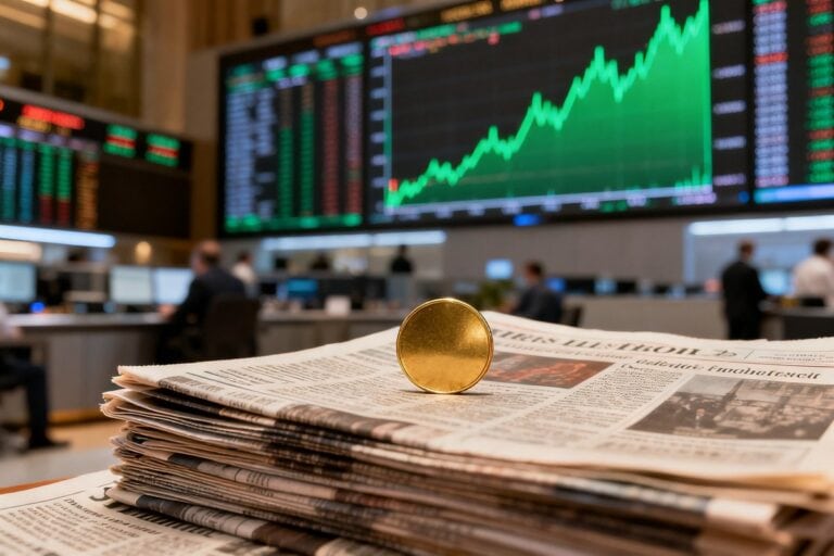 Salle de marché avec écrans financiers et une pièce dorée posée sur des journaux économiques