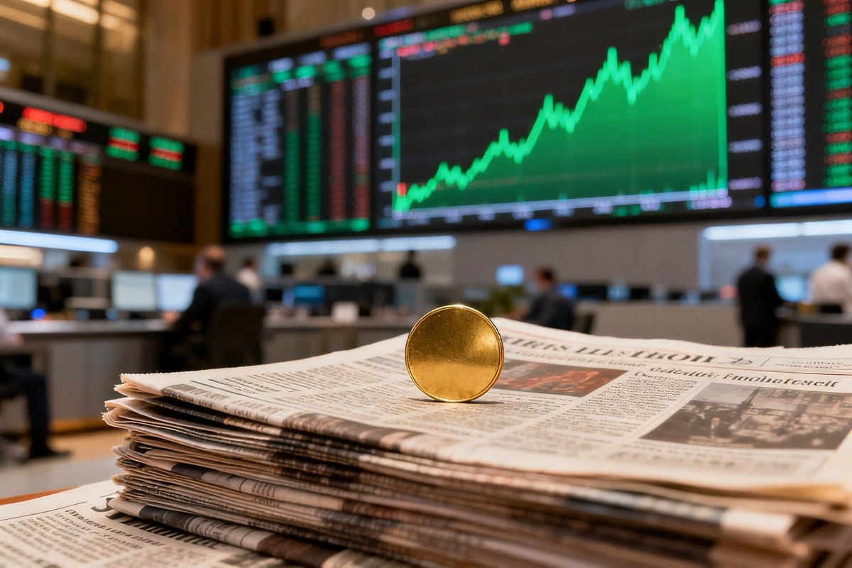 Salle de marché avec écrans financiers et une pièce dorée posée sur des journaux économiques