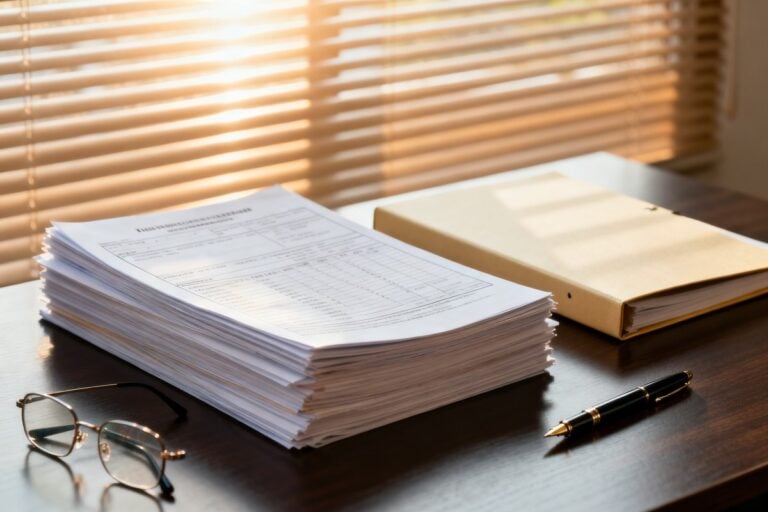 Épaisse pile de formulaires imprimés sur un bureau en bois sombre, avec un classeur, des lunettes et un stylo