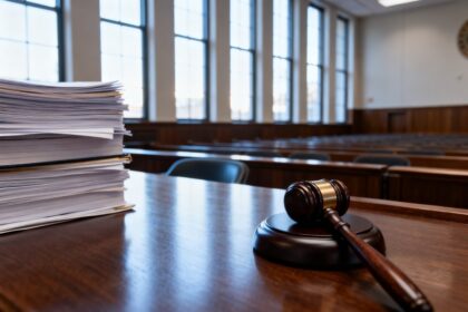 Piles de documents juridiques et marteau de juge sur le banc d'un tribunal américain désert