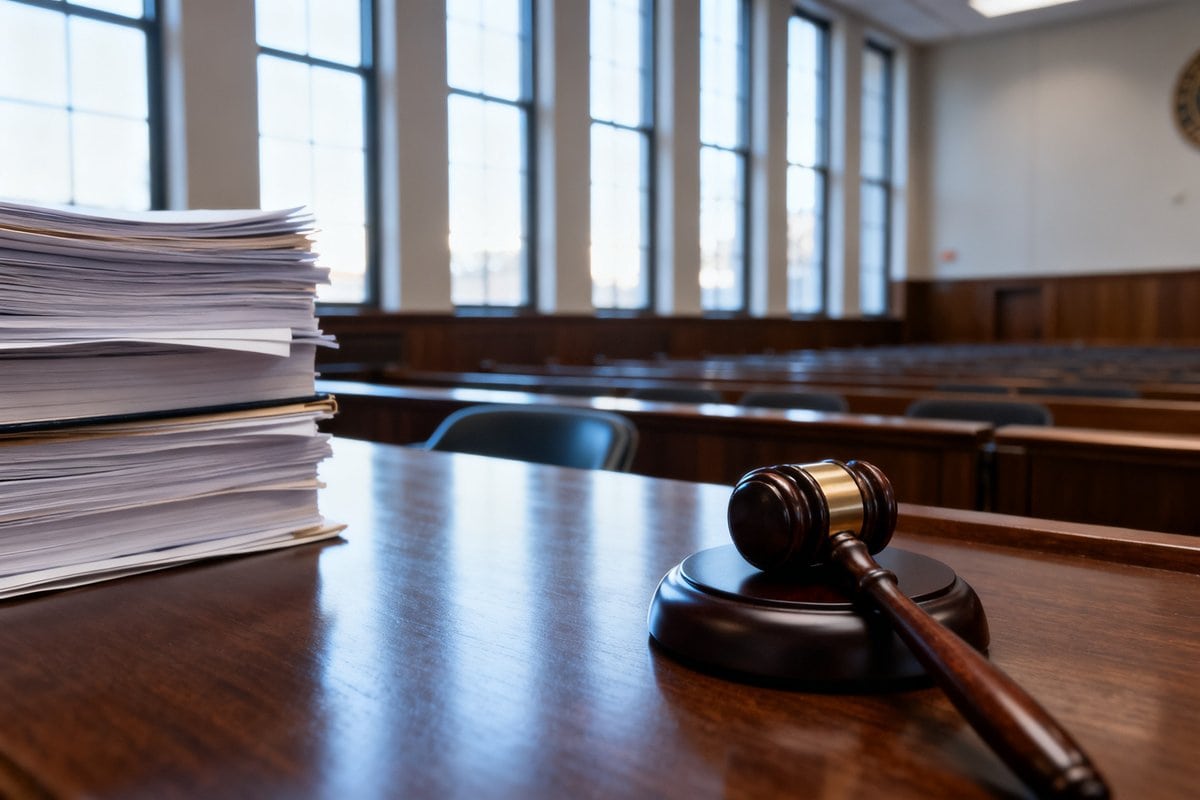 Piles de documents juridiques et marteau de juge sur le banc d'un tribunal américain désert