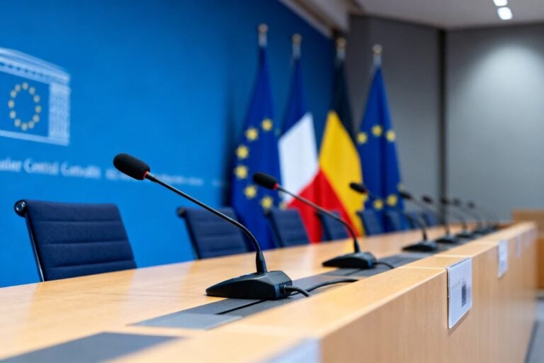 Salle de conférence de presse d'une banque centrale européenne, micros alignés sur un long bureau