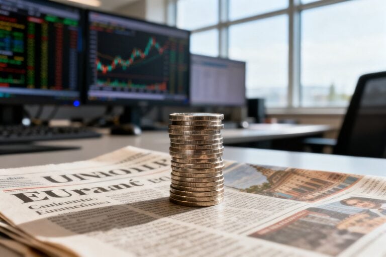 Pièces métalliques posées sur un journal financier devant des écrans boursiers