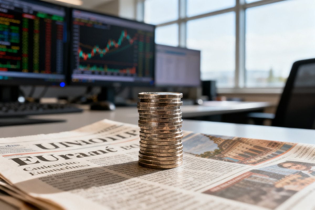 Pièces métalliques posées sur un journal financier devant des écrans boursiers