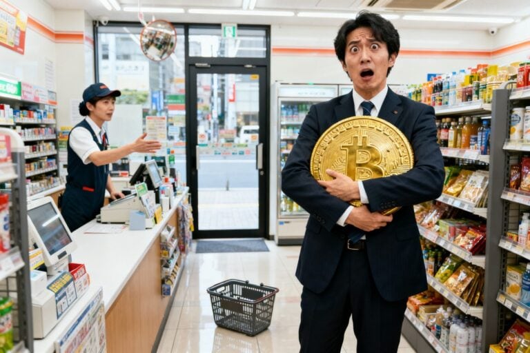 Homme en costume serrant une grosse pièce dorée dans une supérette de Tokyo, l'air stupéfait, éconduit par la caissière