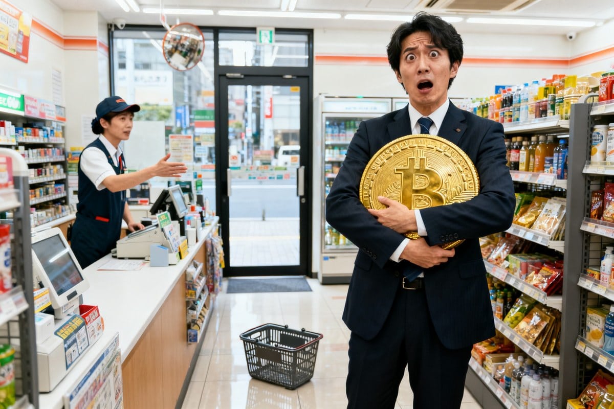 Homme en costume serrant une grosse pièce dorée dans une supérette de Tokyo, l'air stupéfait, éconduit par la caissière