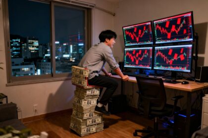 Un jeune trader tendu devant quatre écrans affichant des courbes rouges, assis sur une pile de billets