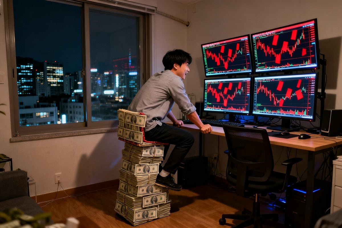 Un jeune trader tendu devant quatre écrans affichant des courbes rouges, assis sur une pile de billets