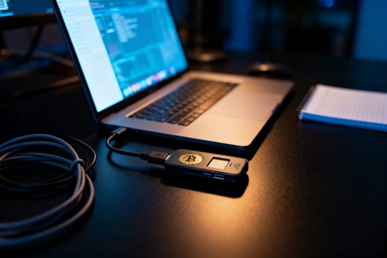 Portefeuille matériel relié par câble USB à un ordinateur portable allumé, posé sur un bureau sombre