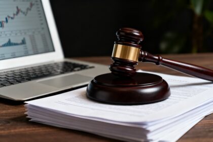 Marteau de juge posé sur des documents juridiques près d'un ordinateur affichant des graphiques