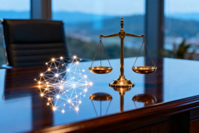 Balance de justice en laiton posée sur un bureau, à côté d'un réseau lumineux abstrait