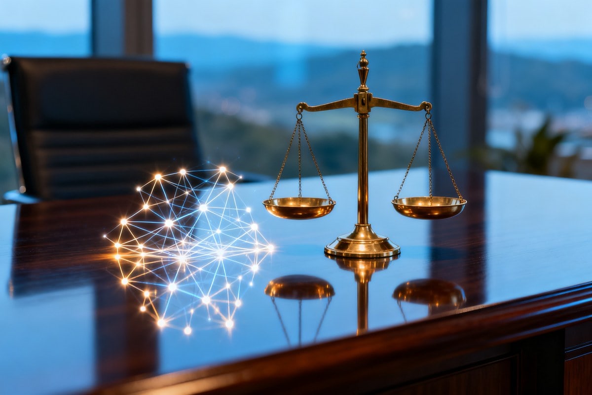 Balance de justice en laiton posée sur un bureau, à côté d'un réseau lumineux abstrait