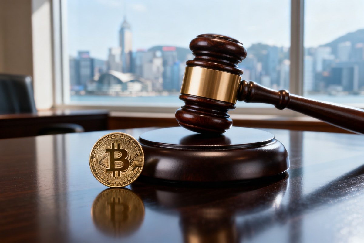 Pièce de bitcoin dorée posée près d'un marteau de juge sur un bureau, gratte-ciel de Hong Kong à la fenêtre.
