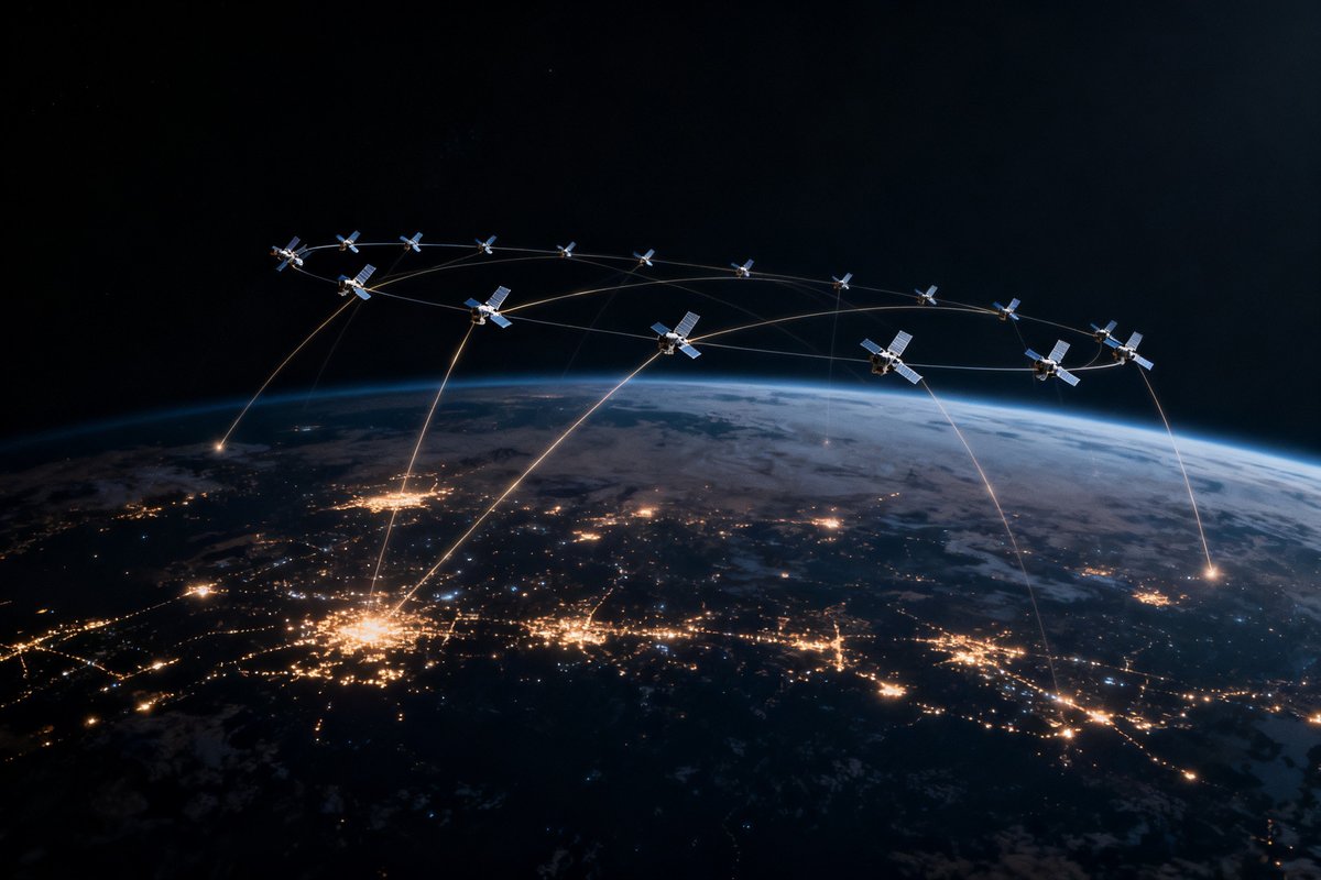 Constellation de satellites en orbite au-dessus de la Terre de nuit