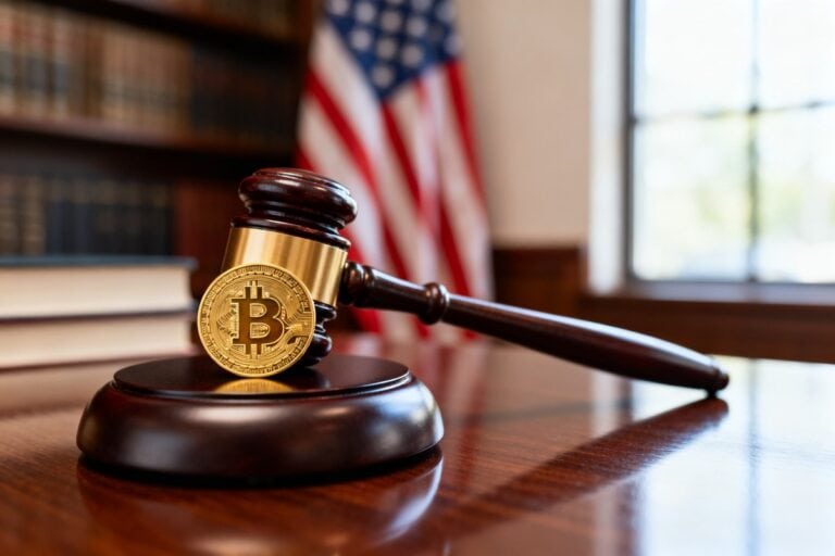 Pièce de bitcoin dorée adossée à un marteau de juge sur un bureau, drapeau américain flou en arrière-plan