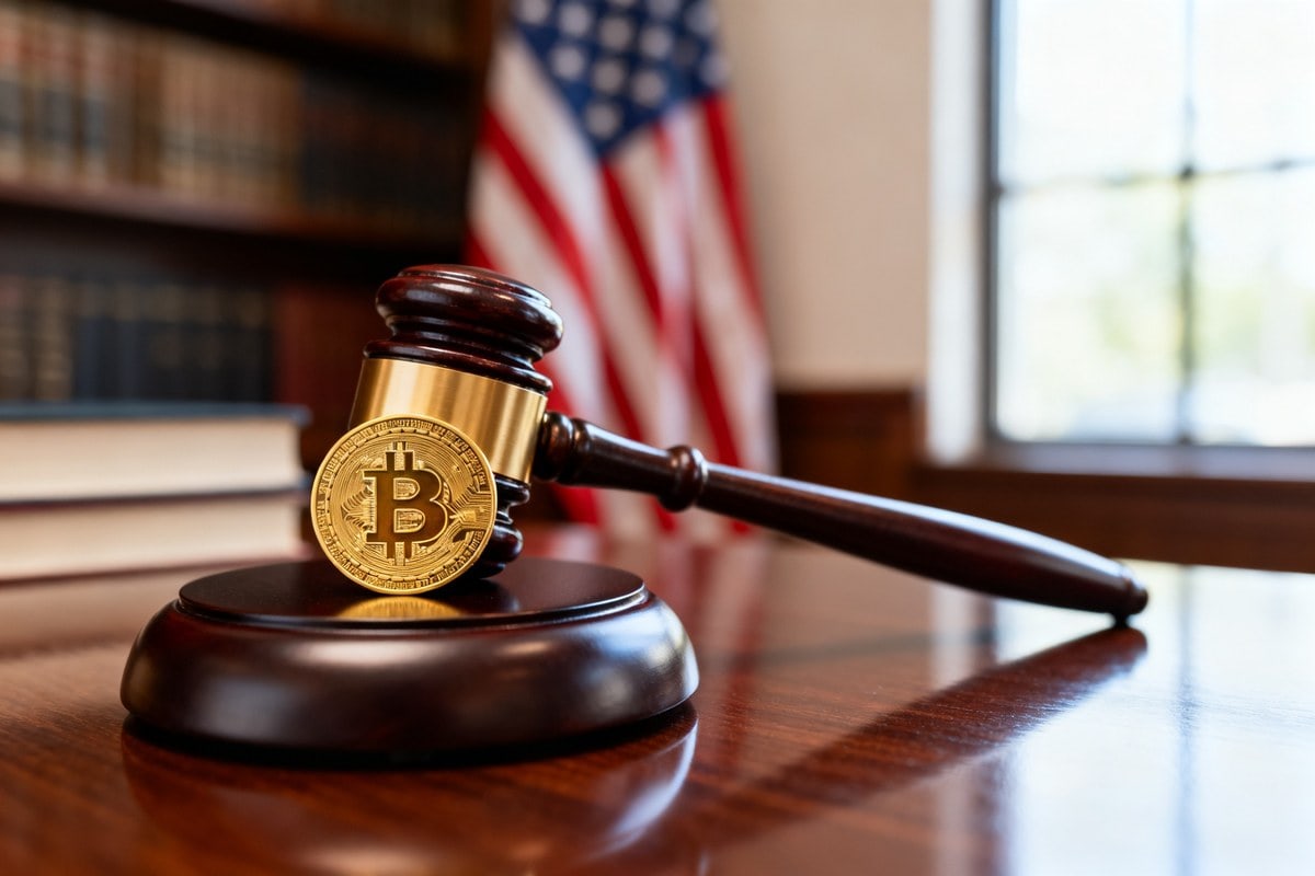 Pièce de bitcoin dorée adossée à un marteau de juge sur un bureau, drapeau américain flou en arrière-plan