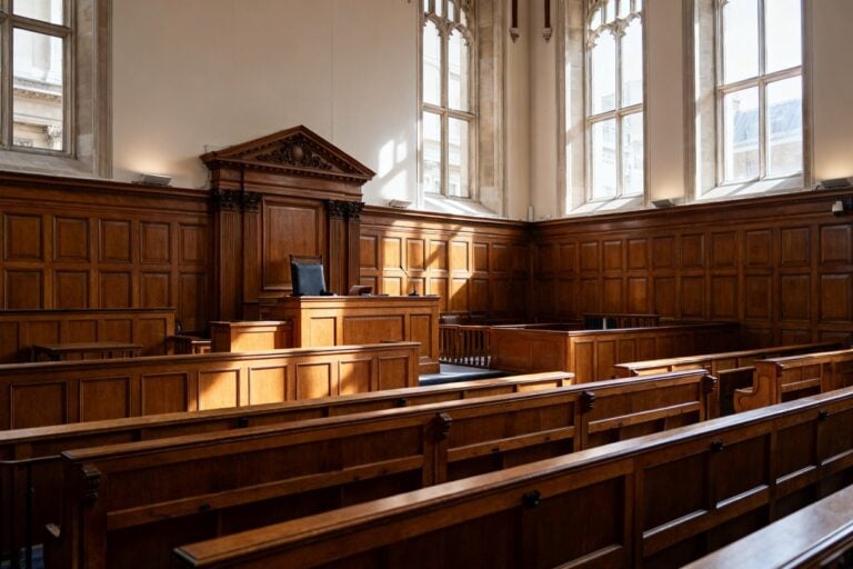 Salle d'audience boisée d'un tribunal britannique, bancs vides et lumière du jour